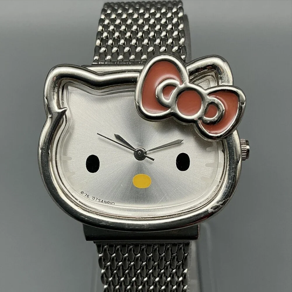 Sanrio Hello Kitty HK685D Womens Watch 31mm Silver Dial Mesh Bow New Battery
